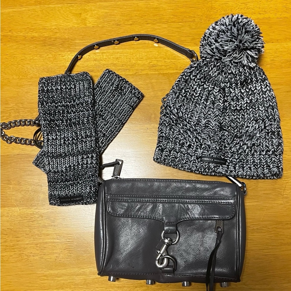 Rebecca Minkoff Black and Gray Knit Hat Set